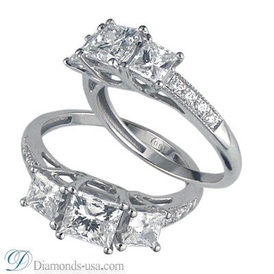 3 stone diamond ring, Princess cut, side diamonds