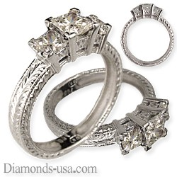Picture of Three Princess diamond ring,hand engraved