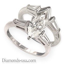 Bridal rings set, tapered baguettes side diamonds