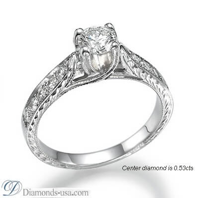 Vintage style cathedral engagement ring, hand engraved