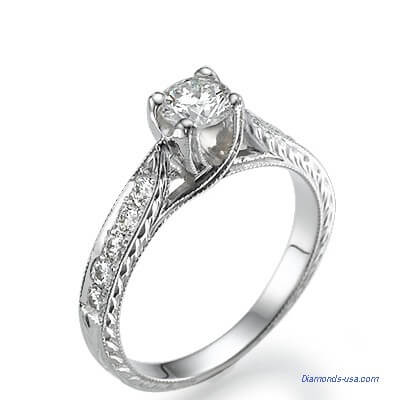 Vintage style cathedral engagement ring, hand engraved