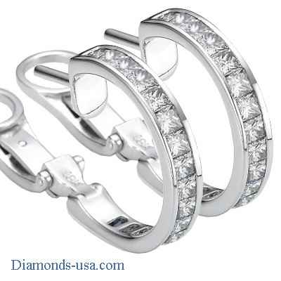 3 Carat Princess diamonds channel hoop earrings