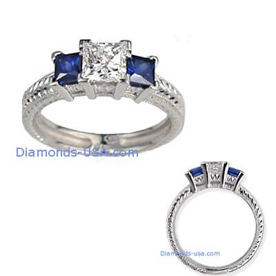 Vintage 3 stones engagement ring, hand engraved & Sapphires