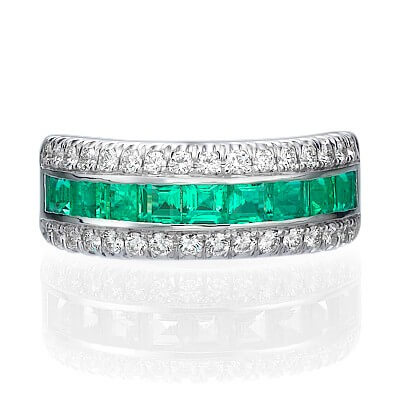 Wedding or anniversary ring with Green Emeralds Princess cut  & Round diamonds