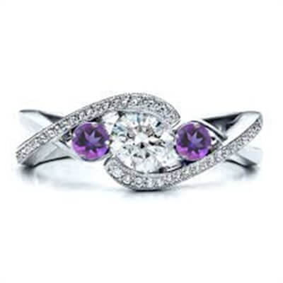 Diamond engagement ring with side Amethysts