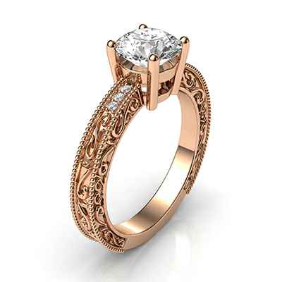 Engagement ring with side diamonds, filigree designs model, basket head