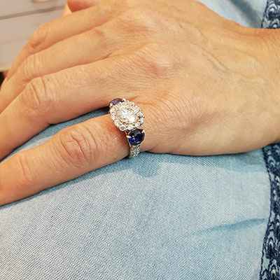 Unique engagement ring for larger centers, 0.90 sides, 1.50 Sapphire