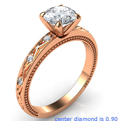 Kimberly-Rose Gold leaf motif vintage style engagement ring with side diamonds