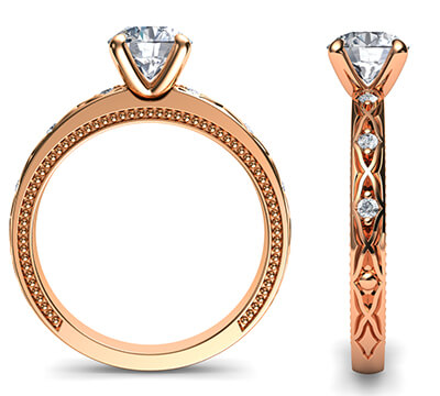 Anillo de compromiso de estilo vintage con motivo de hoja de oro de Kimberly-Rose con diamantes laterales