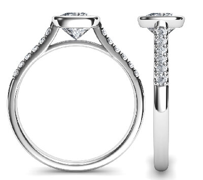 Delicate Low Profile bezel set engagement ring for Cushions with side diamonds-Amanda