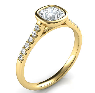 Delicate Low Profile cathedral bezel set engagement ring for Cushions with side diamonds-Amanda