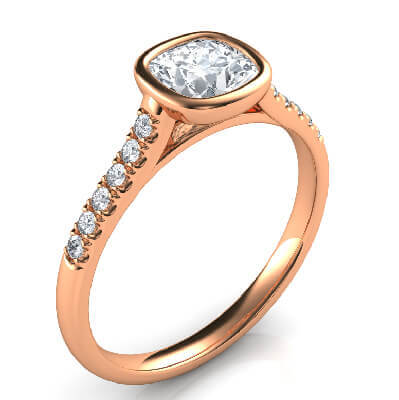 Delicate Low Profile cathedral bezel set engagement ring for Cushions with side diamonds-Amanda