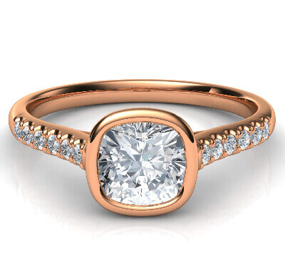  Rose Gold Delicate Low Profile bezel set engagement ring for Cushions with side diamonds-Amanda