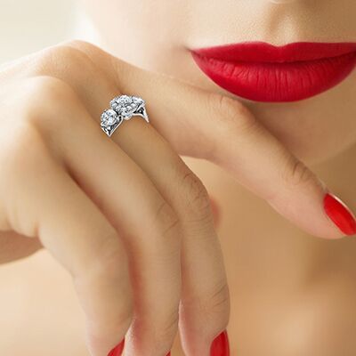 Three stone diamonds Halo engagement ring, 3/4 carat side diamonds