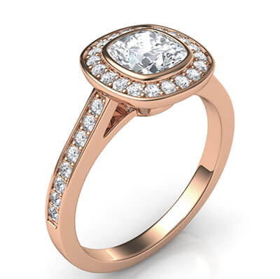 Rose Gold low profile bezel with halo engagement ring for all shapes and carats, 1/3 carat sides