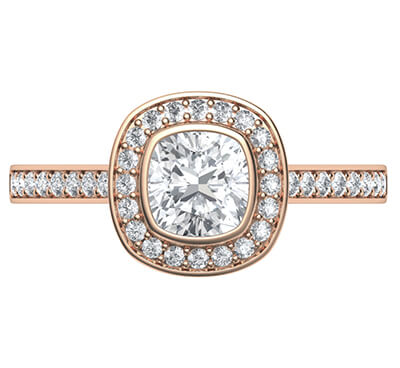 Rose Gold low profile bezel with halo engagement ring for all shapes and carats, 1/3 carat sides