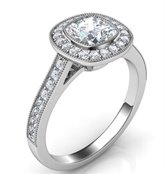 Picture of Low profile all shapes bezel with diamonds halo 1/3 carat side diamonds and fully millgrained
