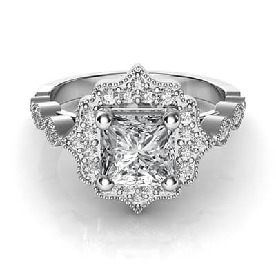 Vintage style halo engagement ring for Princess