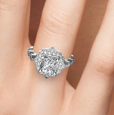 Vintage style halo engagement ring for Princess