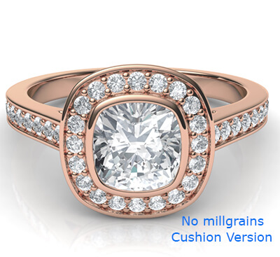 Bisel de perfil bajo de todas las formas con halo de diamantes, diamantes laterales de 1/3 quilates y grano completamente molido