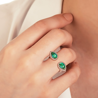 Two Emerald Pears with diamonds, in 14k White,Yellow or Rose Gold