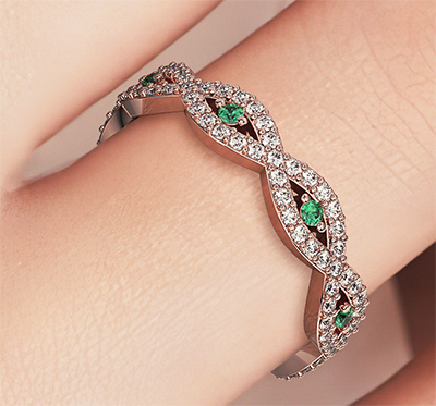 3/4 carat Infinity ringwith Diamonds and Emeralds in 14K White, Rose and Yellow Gold