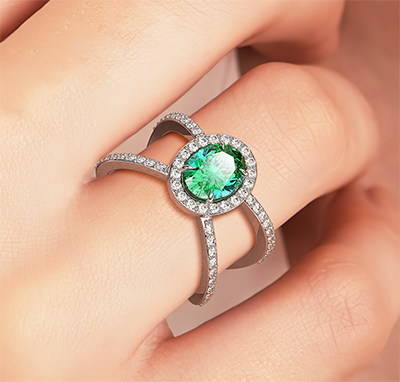 Emerald and diamonds ring in 14k Gold, White, Rose or Yellow .