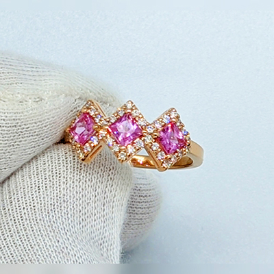 1 Carat three pink Sapphires and 1/3 carat diamonds ring