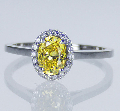 Ready to ship, 1.01 carat Oval VS1 Vivid Yellow diamond+ 0.17 sides , engagement ring,  in 14k White Gold