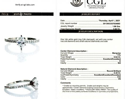 Listo para enviar, 0,64 quilates diamante marquesa D SI2 +0,20 quilates anillo de compromiso de lados, en oro blanco de 14 k