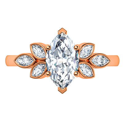 Low Profile Marquise center engagement ring with 0.60 carat Marquise side diamonds