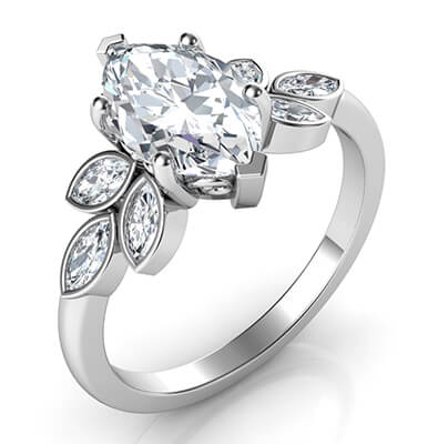 Low Profile Marquise center engagement ring with 0.60 carat Marquise side diamonds