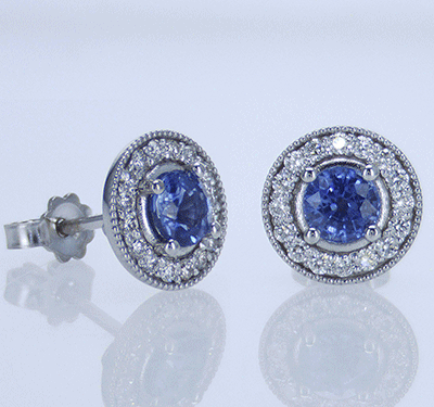 1.50Cts Designers pave set diamond stud earrings with Ceylon Sapphires 1.25 CTS