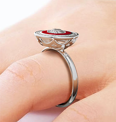 Engaste de anillo de compromiso con halo de diamantes y esmalte hecho a mano