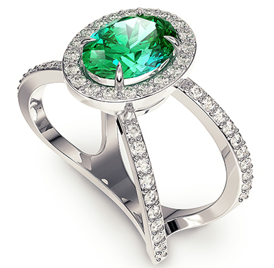 1.20 Esmeralda forma ovalada, anillo en X engastado con diamantes naturales laterales de 1/2 quilate promedio G VS