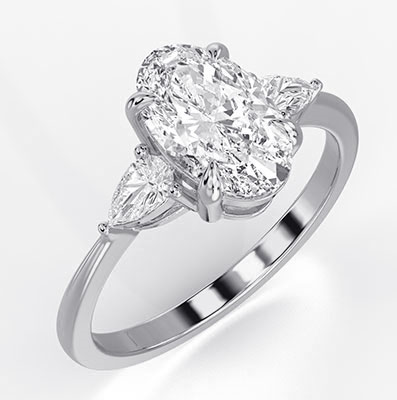 Three stones diamond ring with side Pear diamonds Oval - 14K White Gold