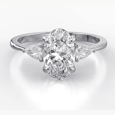 Three stones diamond ring with side Pear diamonds Oval - 14K White Gold