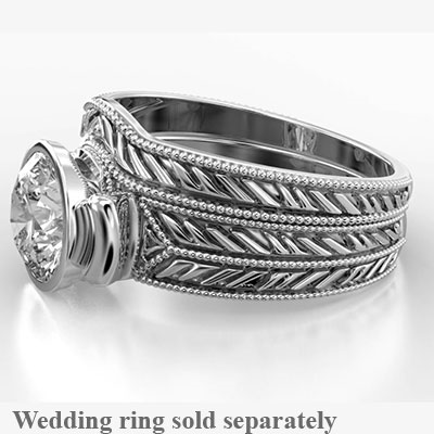Engraved Vintage style Bezel set engagement ring Round - 14K White Gold