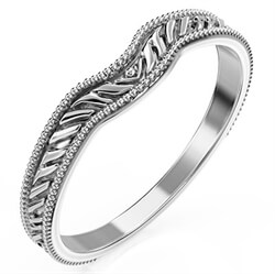 Picture of Matching engraved vintage wedding ring, 3 to 1.8 mm width, has a curve to fit flash with the engagement ring